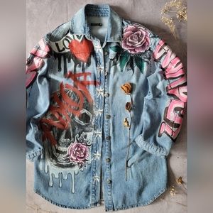 Handpainted skull amor bleached oversized boho street style jeans shirt s-m